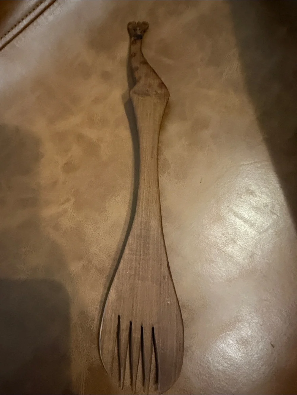 Hand Carved Wooden Salad Server with Giraffe Handle - Brown